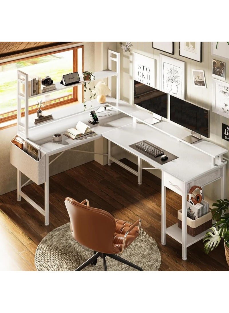 طاولة ألعاب و مكتب منزلي بشكل حرف L مع اضاءة RGB و منافذ طاقة ابيض - Image 3